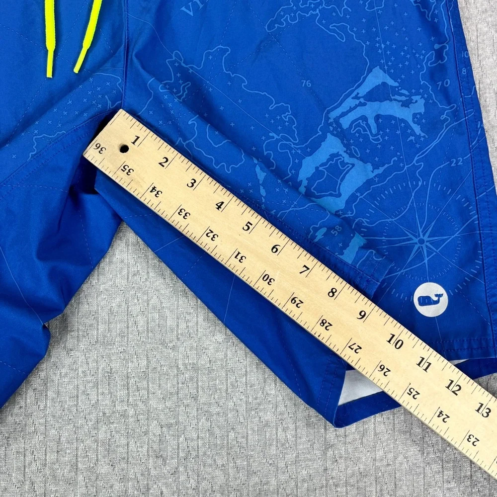 Vineyard Vines Board Shorts Men 32 Blue Nautical Map Print Swim Trunks Neon Trim